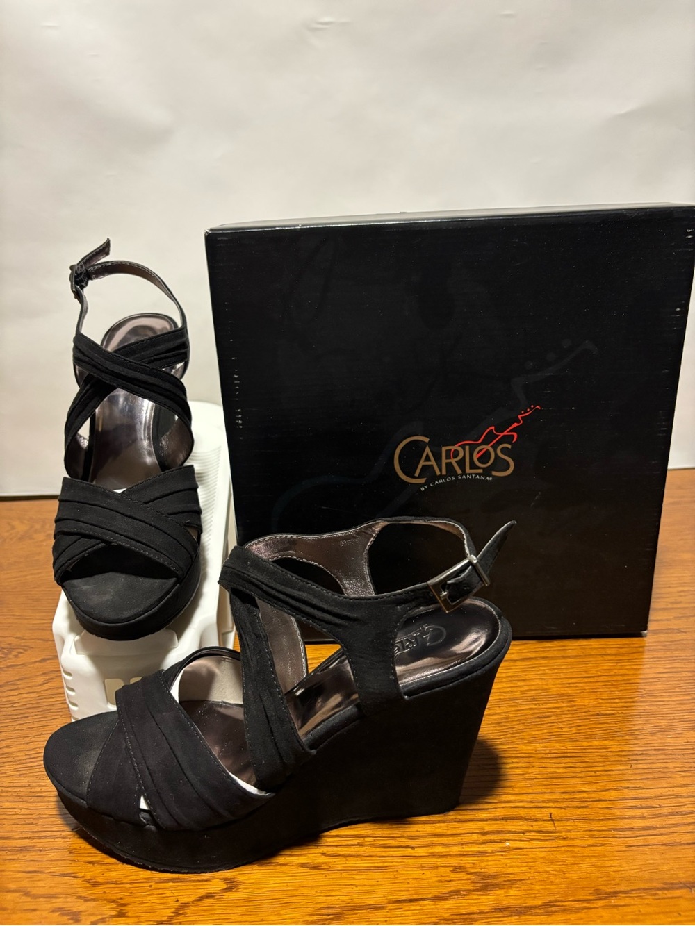 Carlos Santana Black Crisscross Wedge Sandals